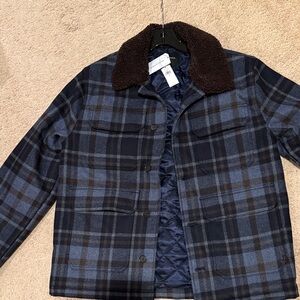 Men's Plaid Sherpa Collar Jacket - Navy Blue
